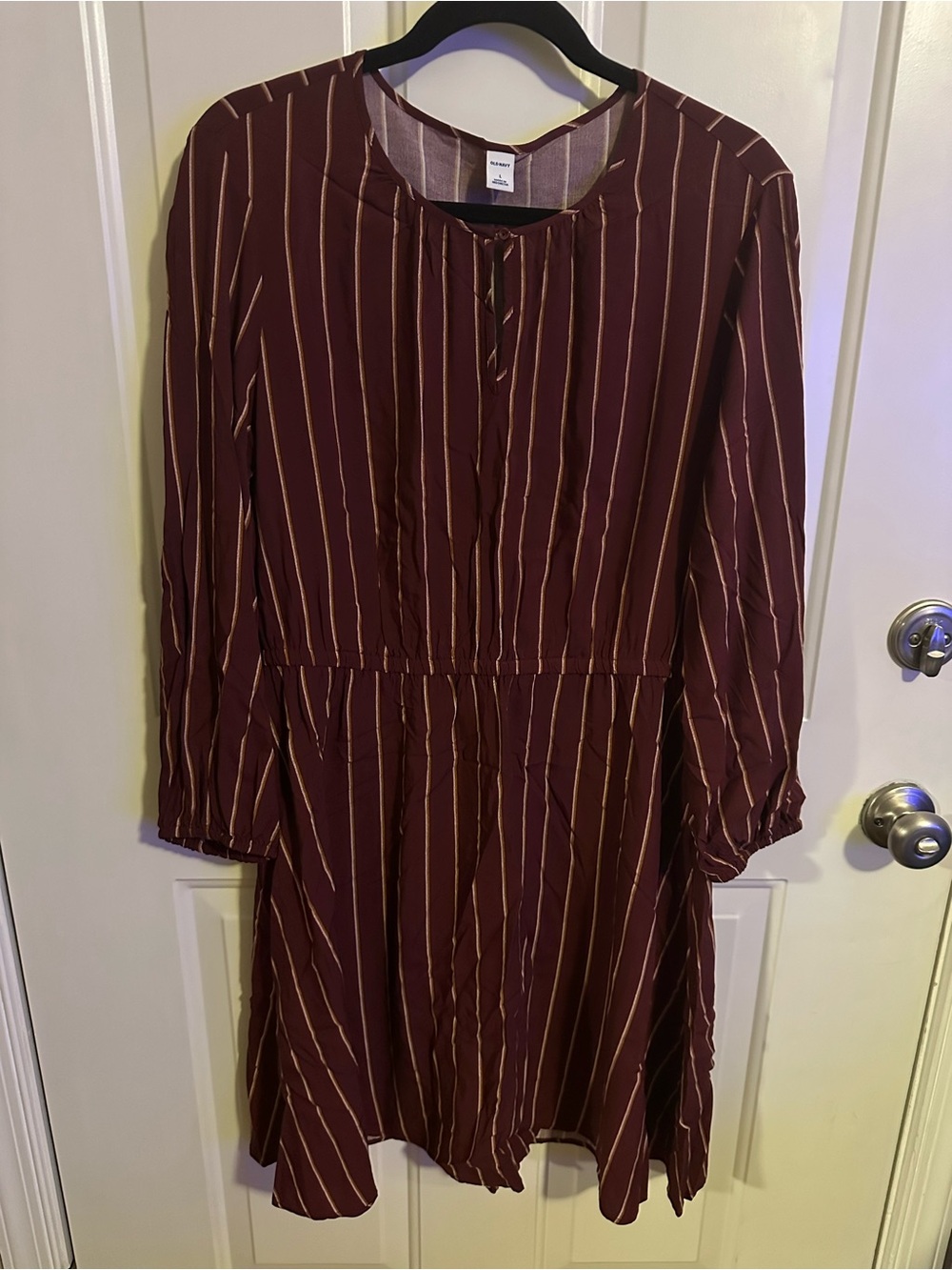 Striped Long-Sleeve Burgundy Dress